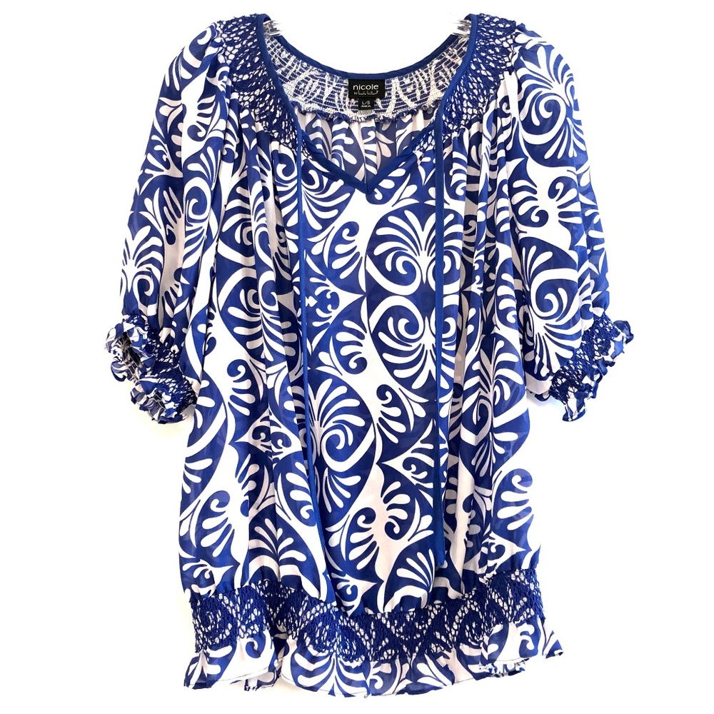 NICOLE BY NICOLE MILLER Blue & White Print Top, L
